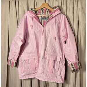 Vintage Thermal-Slicks Pink Vinyl Rain Jacket Striped Lining Hood L